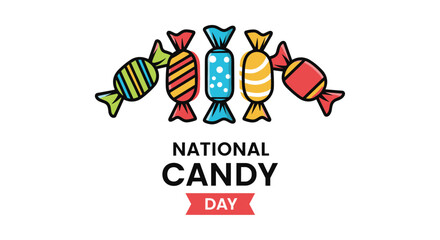 Obraz premium Colorful assortment of wrapped candies in different patterns and shapes celebrating national candy day with bold typography on white.