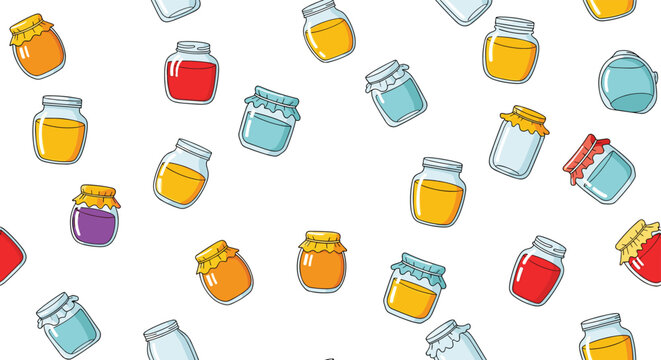 Seamless pattern showing various glass jars filled with colorful jams and honey in a whimsical hand-drawn doodle style on white.