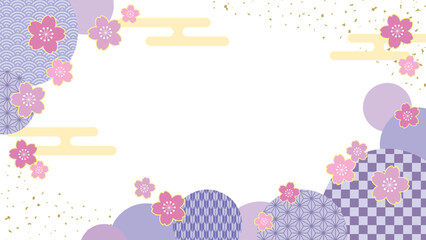 桜の花と和柄サークルの和風春のバナーフレーム/紫