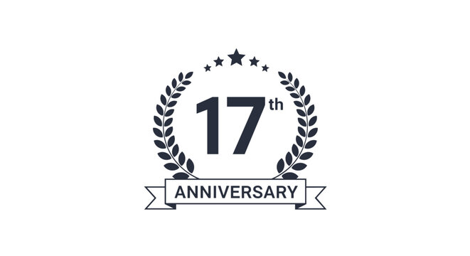 Elegant 17th anniversary celebration logo with a laurel wreath, stars, and a ribbon banner in a classic monochrome design.