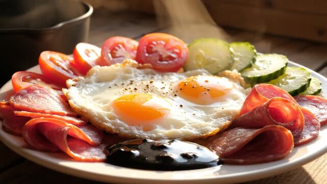 A hearty breakfast plate with fried eggs, fresh vegetables, and cold cuts.