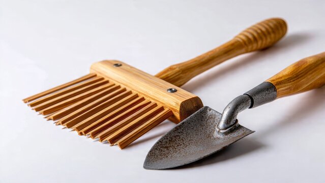 Gardening Hand Tools Rake and Trowel on White Background