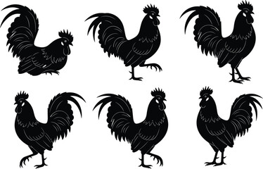 Rooster, Silhouette, Vector, Illustration, Chicken, Poultry, Farm, Animal, Set, Bird, Livestock, Agriculture, Graphic, Icon, Black, Isolated, Rural, Nature, Cockerel, Crowing © Md