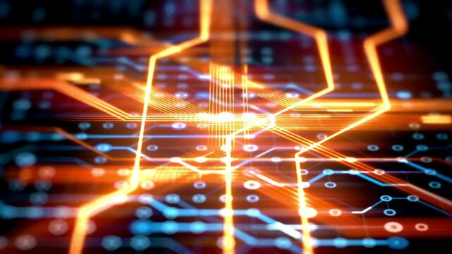 Colorful animation that shows data flow in a computer motherboard. Processor among highlighted circuits and electronic components. Big data. CPU. Hardware.