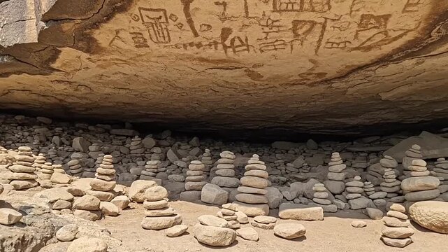 Ancient Petroglyphs and Stacked Stone Cairns in a Rock Shelter with Arid Landscape