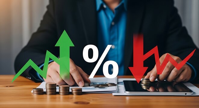 businessman analyzing financial data with percentage symbol and upward and downward trending graphs amidst coins and digital tablet