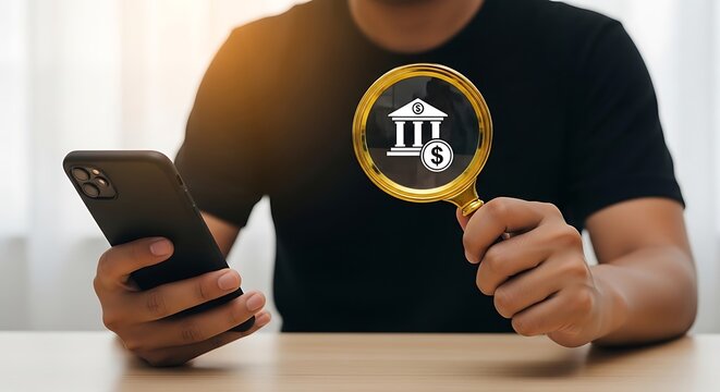 Person examining financial institution symbol with magnifying glass while holding smartphone in a well lit environment with a wooden table.