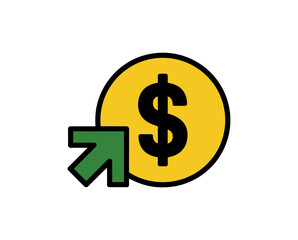 Obraz premium A vector graphic illustration of a dollar coin with a green arrow pointing to it, symbolizing financial growth and investment.
