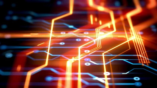 Colorful animation that shows data flow in a computer motherboard. Processor among highlighted circuits and electronic components. Big data. CPU. Hardware.