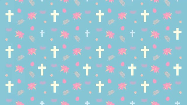 Religious Easter pattern with crosses and eggs on a blue background for church celebrations.