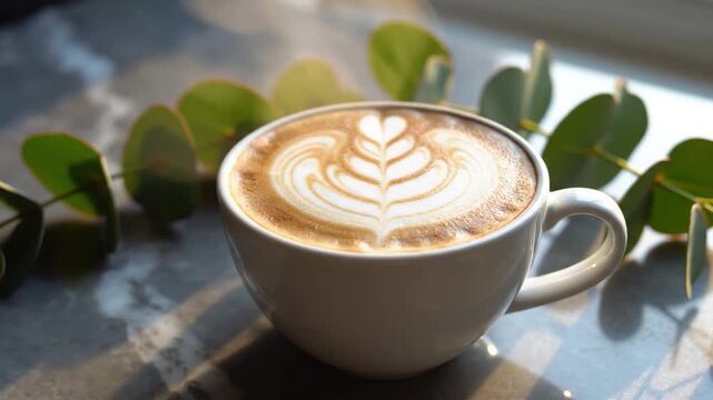 A beautifully crafted cup of hot coffee with intricate latte art sits on