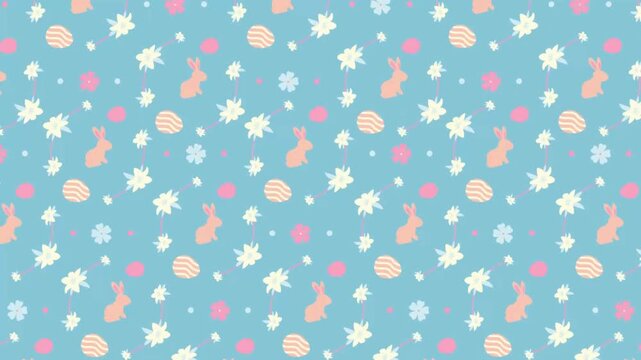 Subtle blue pattern with white bunnies and spring flowers for a fresh Easter background.