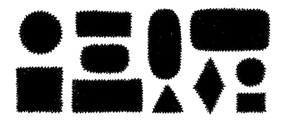 Obraz premium Hand drawn crayon stamps and boxes collection. Doodle rough edge borders and frames set. Black sketched playful geometric shape pack for sticker, logo, collage, postcard, patch, label, icon. Vector