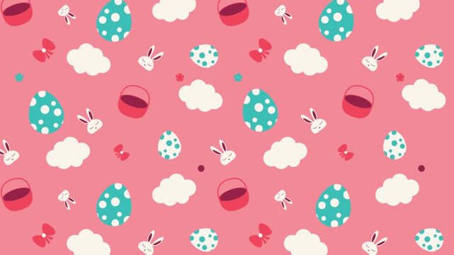 Festive pink pattern with Easter eggs and bunny icons for a fun holiday greeting background.