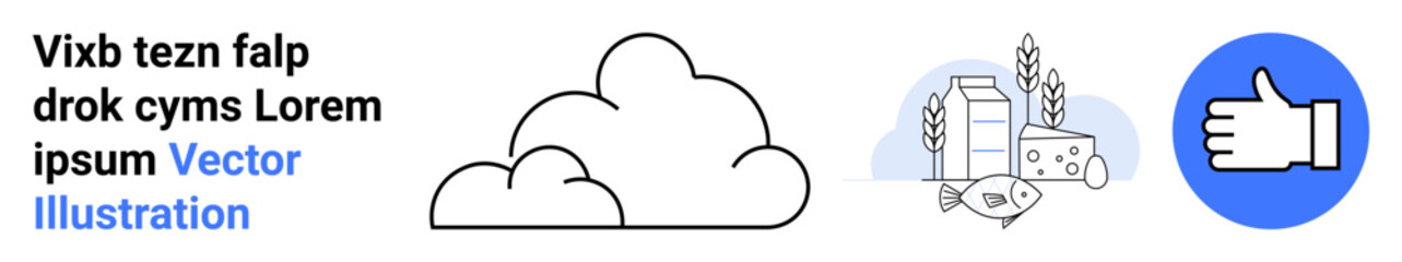 Obraz premium Agriculture, technology, dairy products, networking, sustainability, social recognition. Outlined cloud, food items thumb-up icon. Agriculture and dairy products concepts