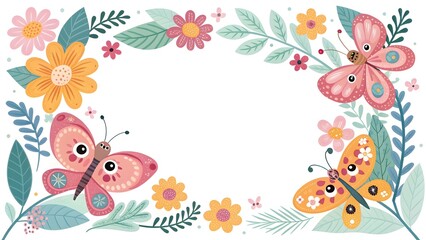 Obraz premium Cute Cartoon Butterfly Border Frame with Bright Colorful Flowers and Leaves