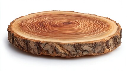 Freshly cut wood log slice with rings visible isolated on white background