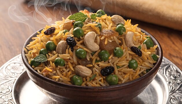 Steaming bowl of Indian vegetable biryani with fresh herbs nuts and spices on rustic table top view