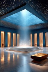 Naklejka premium Cinematic sci-fi time portal chamber with glowing platform, ethereal light beam and futuristic architecture