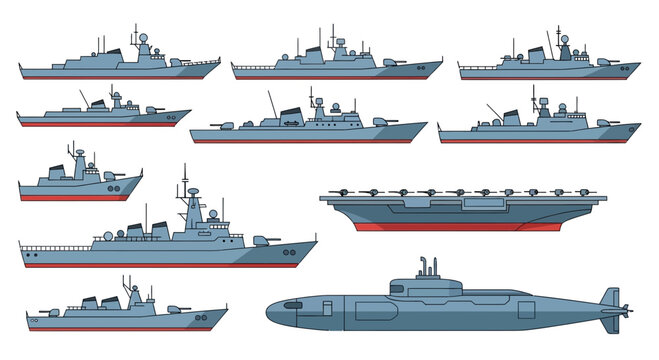 Naval Warships Collection Vector Illustration Set