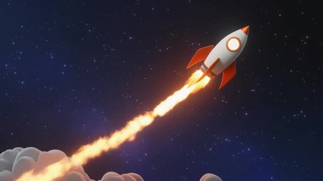 Rocket Launching into Space with Flames and Clouds.