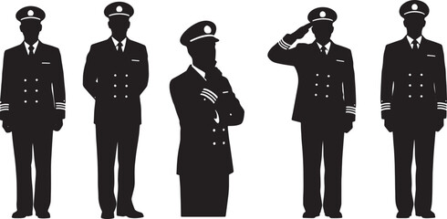 Black Solid Navy Officer Dignity and Professionalism Silhouettes Set of Six on White Background © Dreamfly