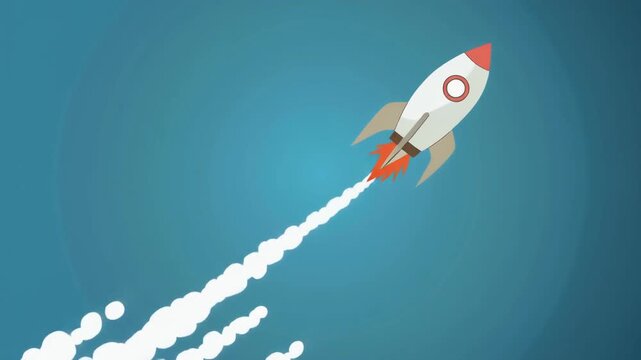 White rocket flying upwards with orange flames and smoke trail.