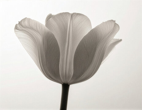 チューリップ Tulip 187 Close-up of a Blooming White Tulip with Symmetrical Petals in Soft Monochrome（柔らかなモノクロームで描かれた左右対称の美しい白チューリップのクローズアップ）