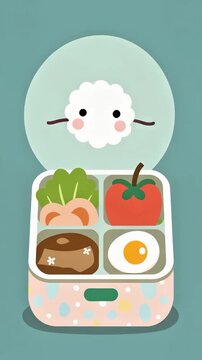 Kawaii bento box with food and cute sheep face on lid against teal background