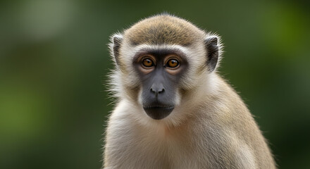 Obraz premium Close up portrait of a green monkey looking directly into the lens with a blurred forest background