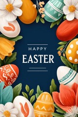 Obraz premium Happy Easter greeting card with hand-painted eggs and spring flowers on navy background