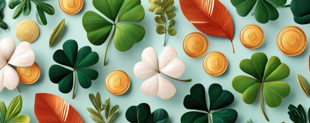 Fototapeta premium St. Patrick's Day background with shamrocks, clovers and scattered gold coins for festive luck