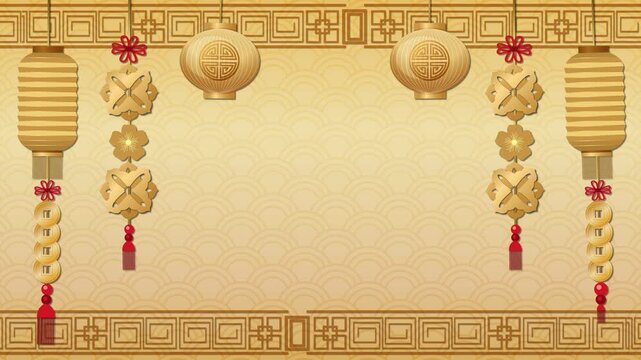 Golden Chinese New Year Background with Lanterns and Folding Fans