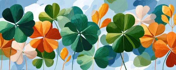 Fototapeta premium Watercolor St. Patrick's Day shamrocks and clover leaves floating in a festive spring background