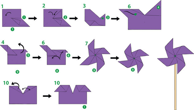 Paper Pinwheel Origami Step by Step Tutorial, DIY Folding Instructions for Purple Windmill Toy, Kids Craft Vector Illustration.