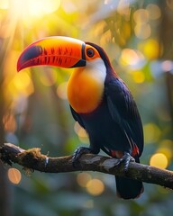 Fototapeta premium Bright toucan with a large beak resting on a branch, digital painting