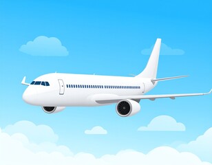 Obraz premium White airplane soaring through a bright blue sky with fluffy clouds, travel concept.