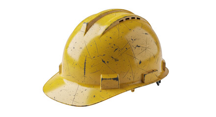 Fototapeta premium Yellow hard hat with scratched and worn surface isolated on transparent background