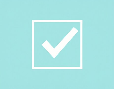 White check mark inside a square on a light blue background, simple design.