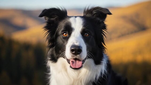 Happy and alert Border Collie dog panting and looking directly at the camera in a vibrant outdoor natural landscape.