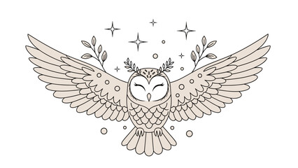 Obraz premium Stylized line art of a barn owl with wide wings outstretched surrounded by stars and delicate leafy branches.