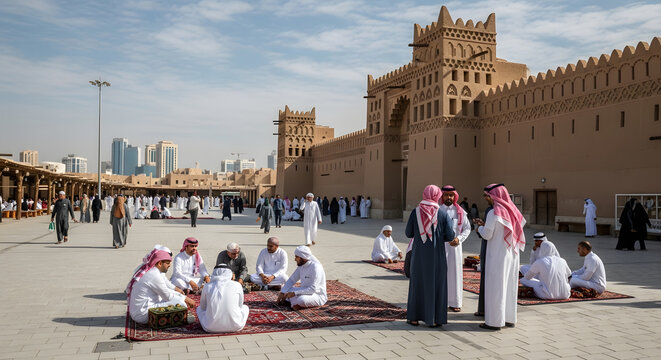People gathered in a traditional square with historic architecture