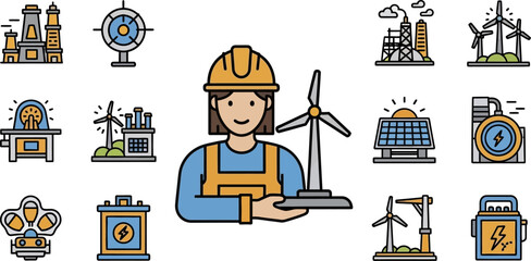Engineer With Wind Turbine Surrounded By Energy Symbols © Deni