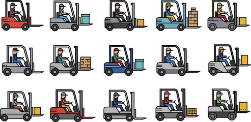 Multiple Forklifts Displayed In Side View Collection Layout © Deni