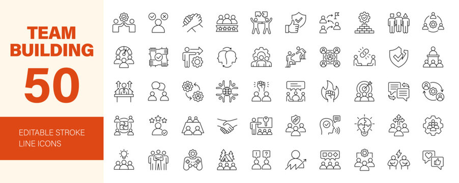 Team Building icon set. Editable line icons. Vector illustration.