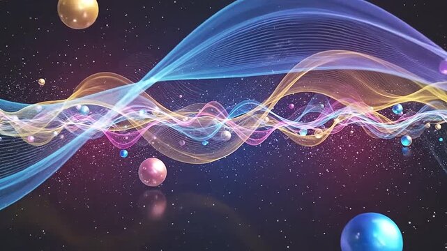 Abstract futuristic sound wave illustration with glowing light lines, undulating energy, and floating spheres in a dark starry space background.