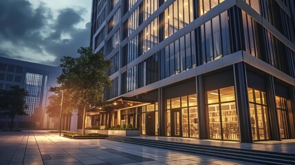 Modern Urban Architecture with LED Lights and Glass Facade at Dusk
