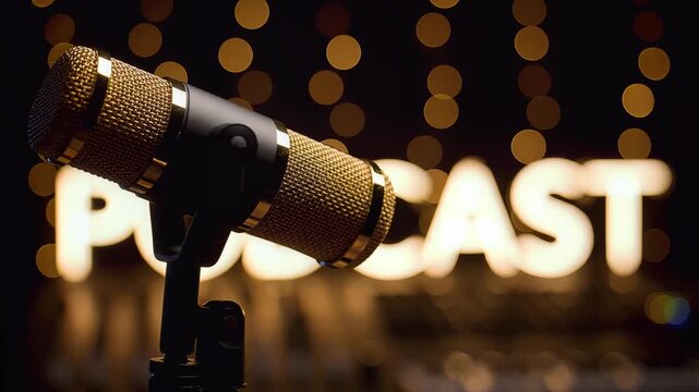 Microphone on Stand Ready for Podcast Recording in Studio Setting with Blurred Lights.