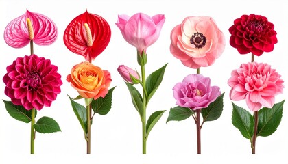 Obraz premium A striking collection of bold red and pink blossoms displayed in a neat row, each flower revealing layered petals, rich textures, and vibrant hues against a crisp white background