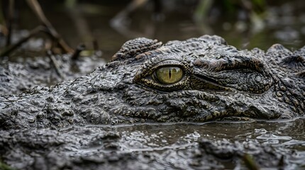 Intense Gaze of a Stealthy Crocodile Close-up of a Reptile's Eye Peering from Muddy Waters in a Wild Habitat